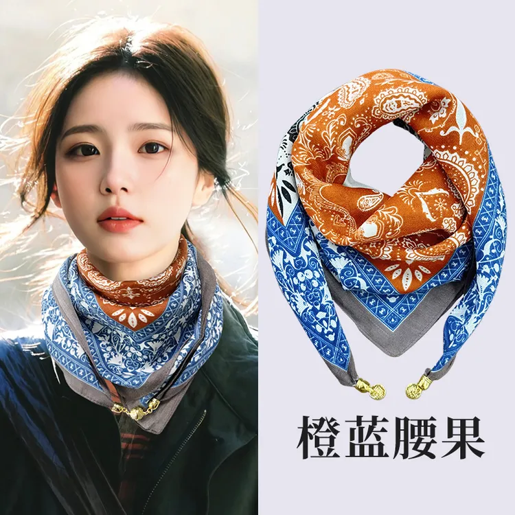 磁吸扣棉麻小方巾丝巾女春秋百搭护颈领巾三角围巾秋季保暖围脖冬