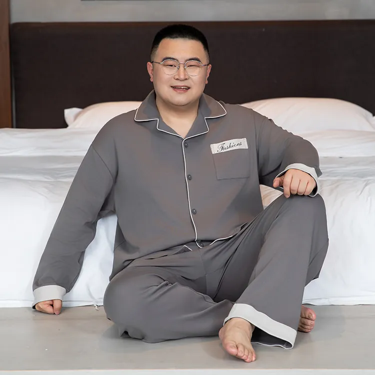 100%棉睡衣男春秋季长袖长裤翻领开衫加肥加大300斤家居服套装