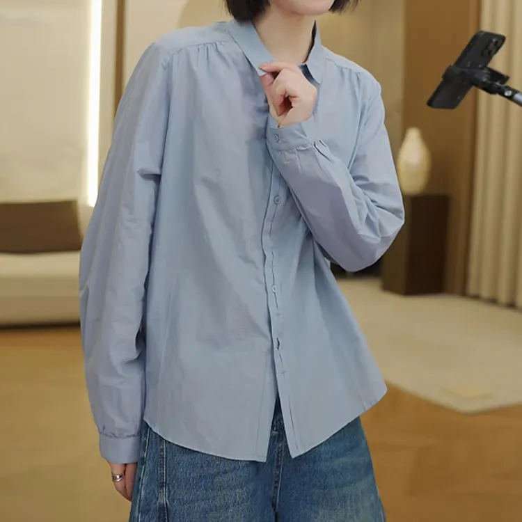 韩版极简休闲风通勤百搭纯色POLO领衬衫早秋新款显气质遮肉上衣潮