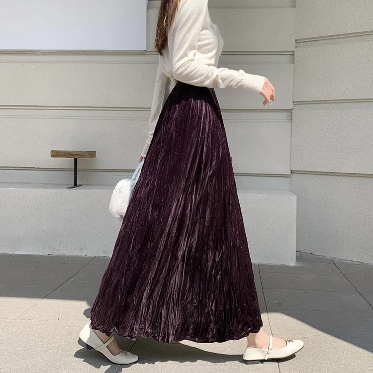 实拍秋冬肌理感压折大摆裙褶皱烫钻丝绒半身裙宽松A字半裙中长款