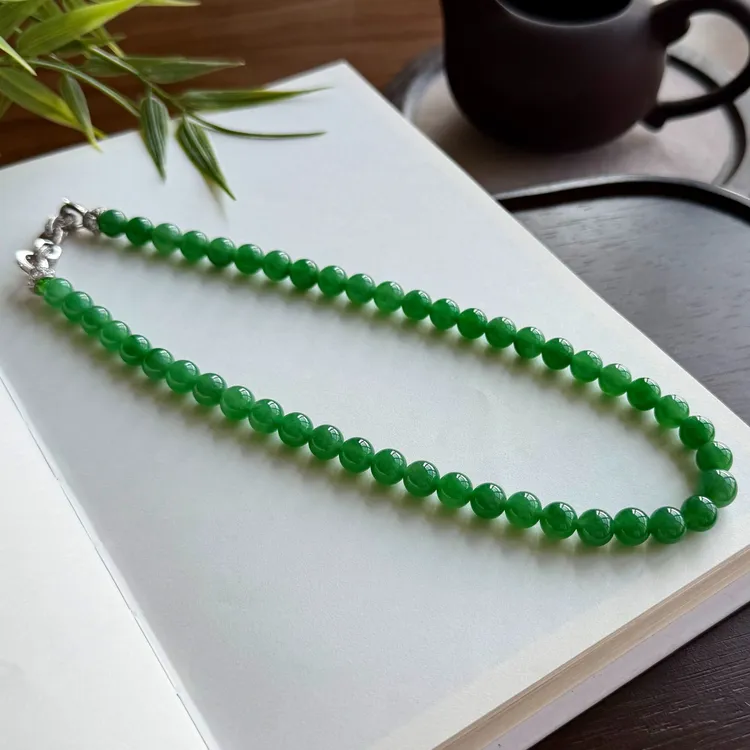 F644冰种绿圆珠项链翡翠珠串天然缅甸A货气质时尚百搭绿色串珠