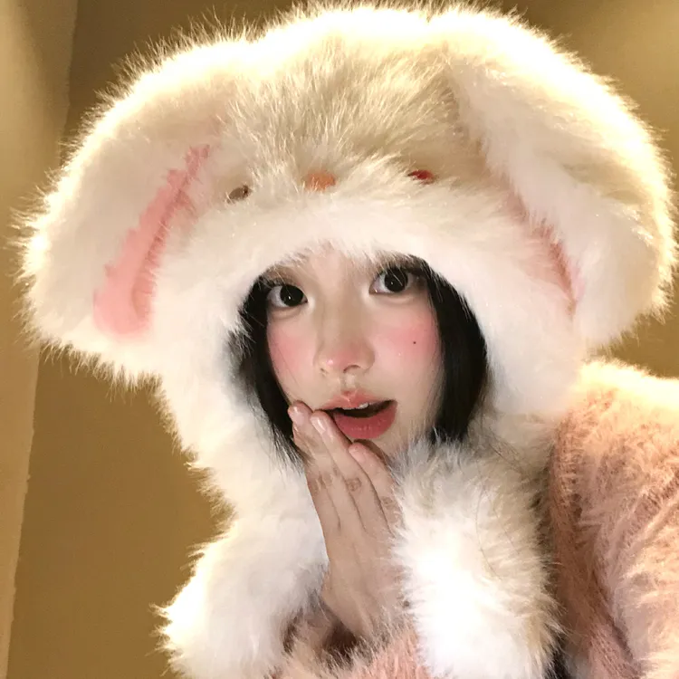 可爱兔子耳朵毛绒帽女秋冬季加厚加绒防寒保暖显脸小护耳雷锋帽子