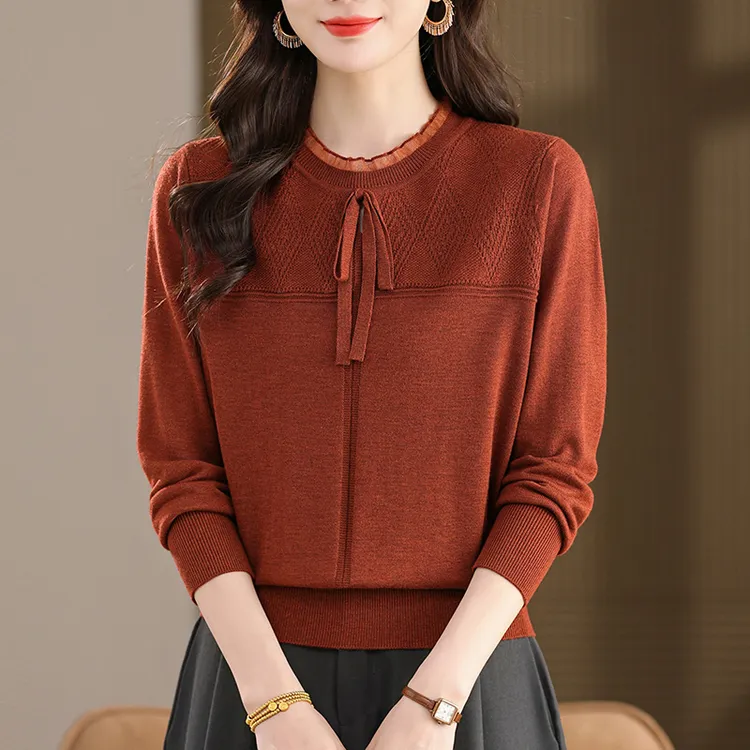 羊毛针织衫长袖上衣女2025新款春秋季中年妈妈气质打底衫蕾丝毛衣