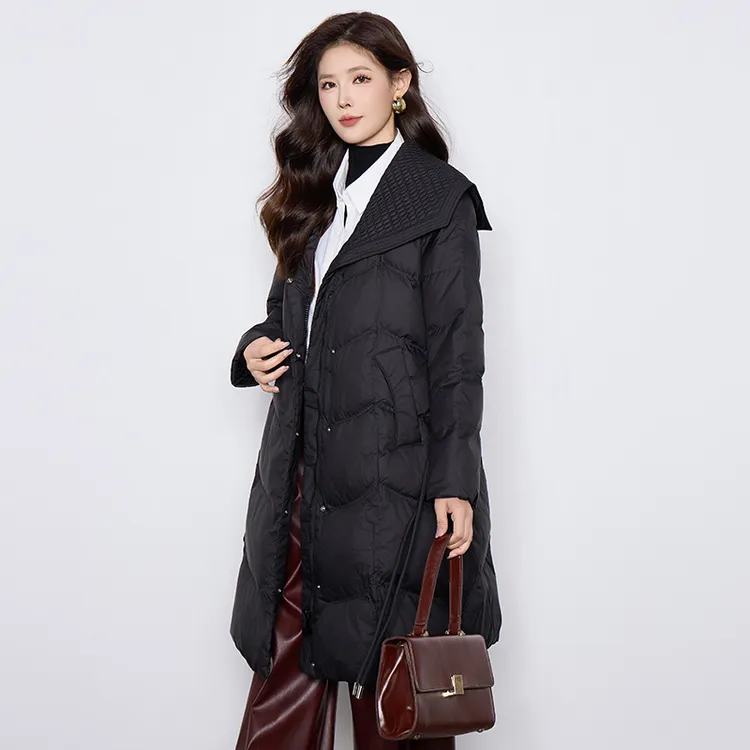 YAYA/鸭鸭中长款羽绒服女修身2025冬新款过膝显瘦收腰加厚外套