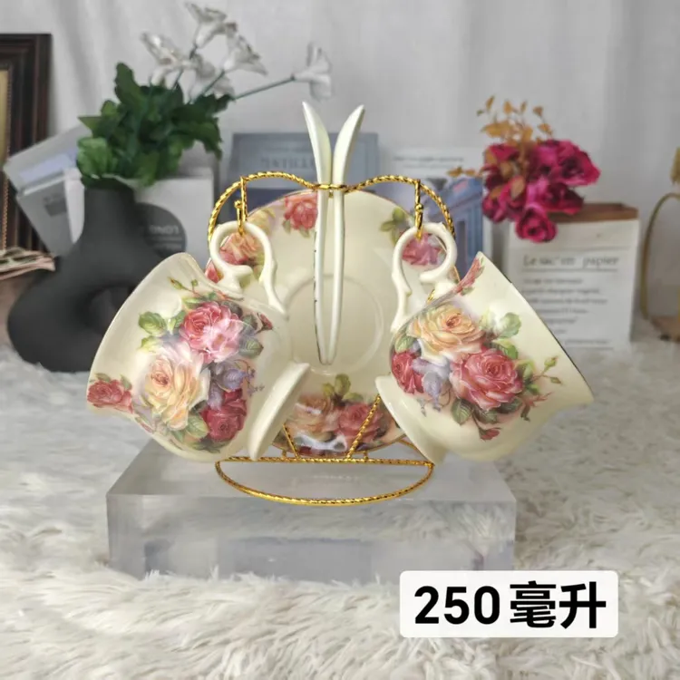 陶瓷欧式老镇玫瑰描金咖啡杯带碟带架子（250毫升）