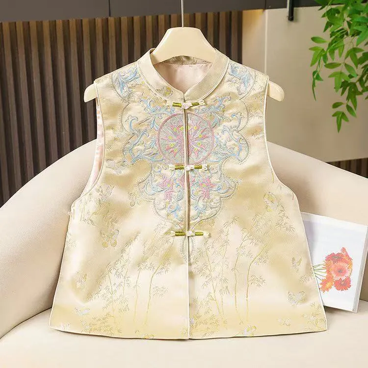 【竹蝶刺绣】马甲宋锦提花复古盘扣气质立领显瘦百搭