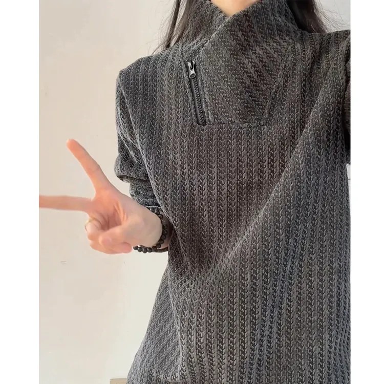 美式斜领拉链重磅卫衣男款春秋季加绒加厚鱼骨纹打底衫长袖T恤