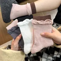 白色竖条纹中筒袜子女春秋款芭蕾风日系甜美双罗口无骨卷边堆堆袜