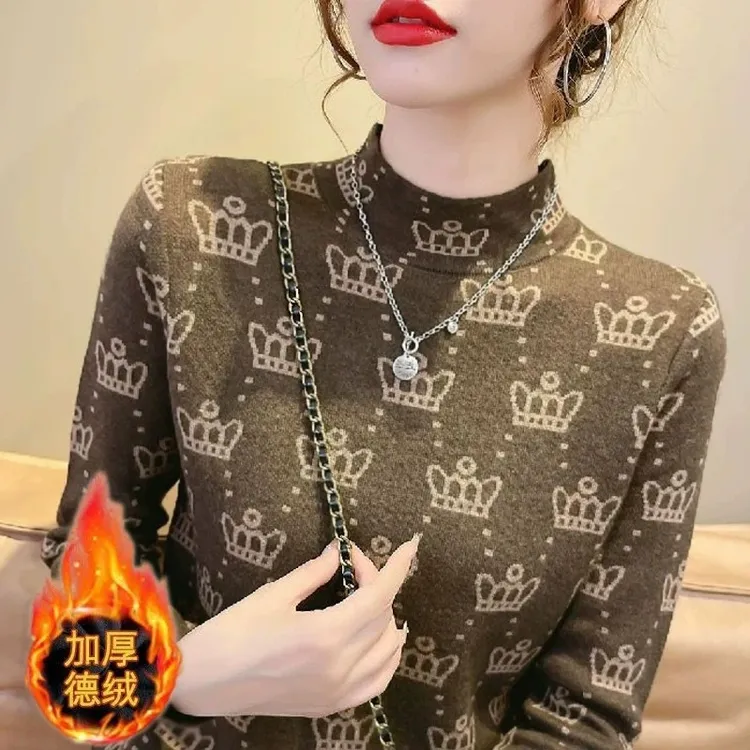 德绒半高领加厚保暖打底衫女秋冬洋气百搭长袖T恤女修身显瘦上衣