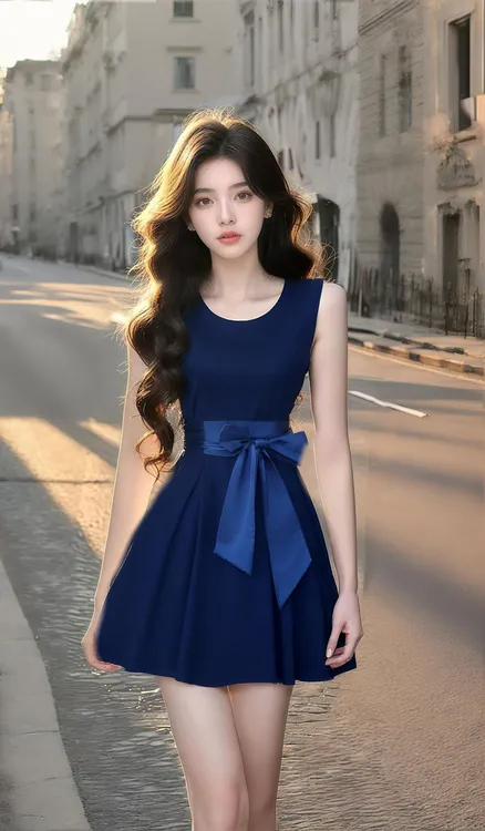 夏季新款蓝色圆领收腰系带无袖连衣裙女小众时尚气质显瘦高级优雅