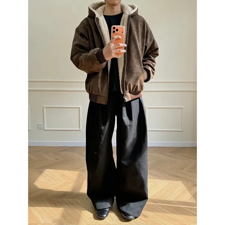 OWH美式休闲纯色座山雕夹克上衣高街百搭帅气加厚保暖连帽棉外套