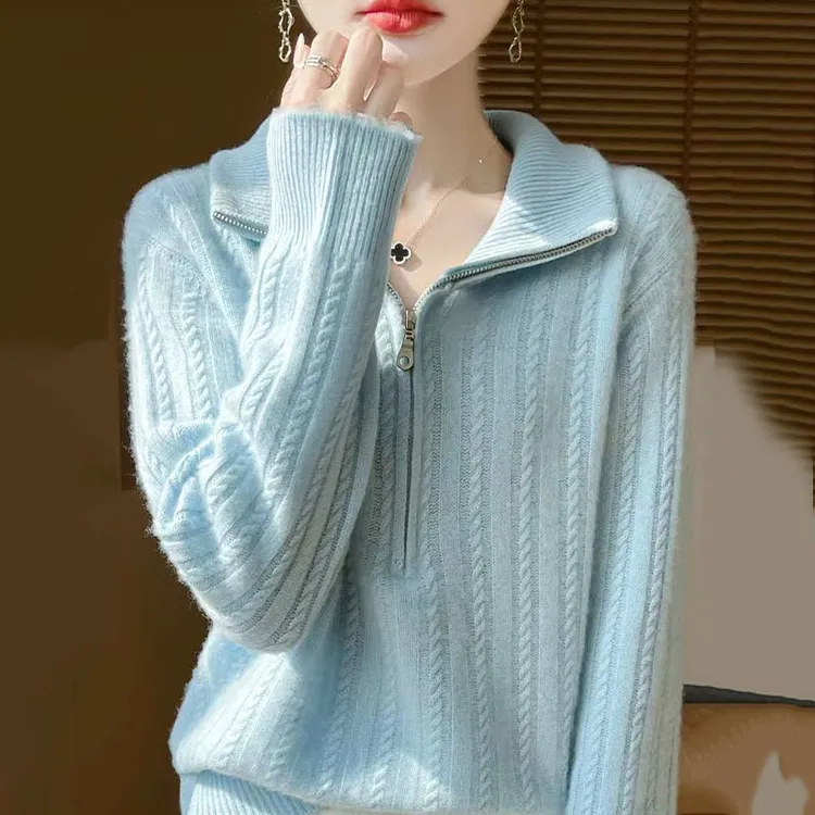鄂尔斯市纯100羊毛衫女秋冬时尚拉链高领宽松毛衣加厚羊绒打底衫