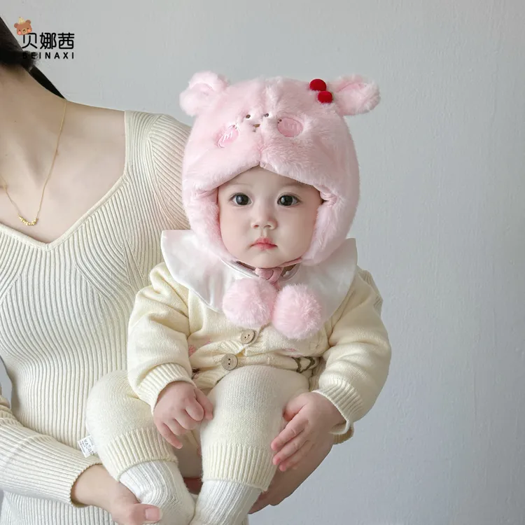 Beinaqian/贝娜茜婴儿帽子秋冬季宝宝女超萌毛绒帽加厚外出帽保暖
