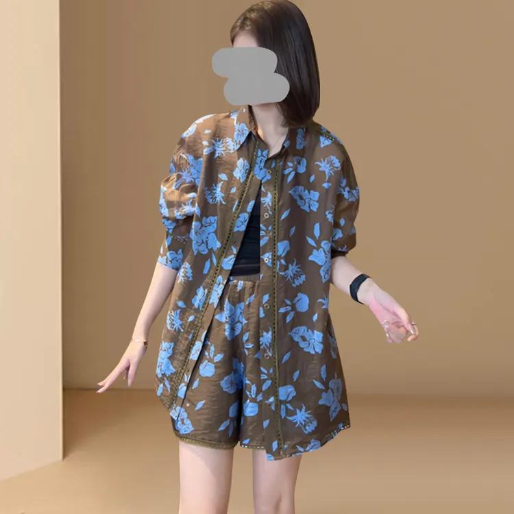 印花两件套女2025夏季新款高级气质减龄防晒Polo领衬衫+潮流短裤