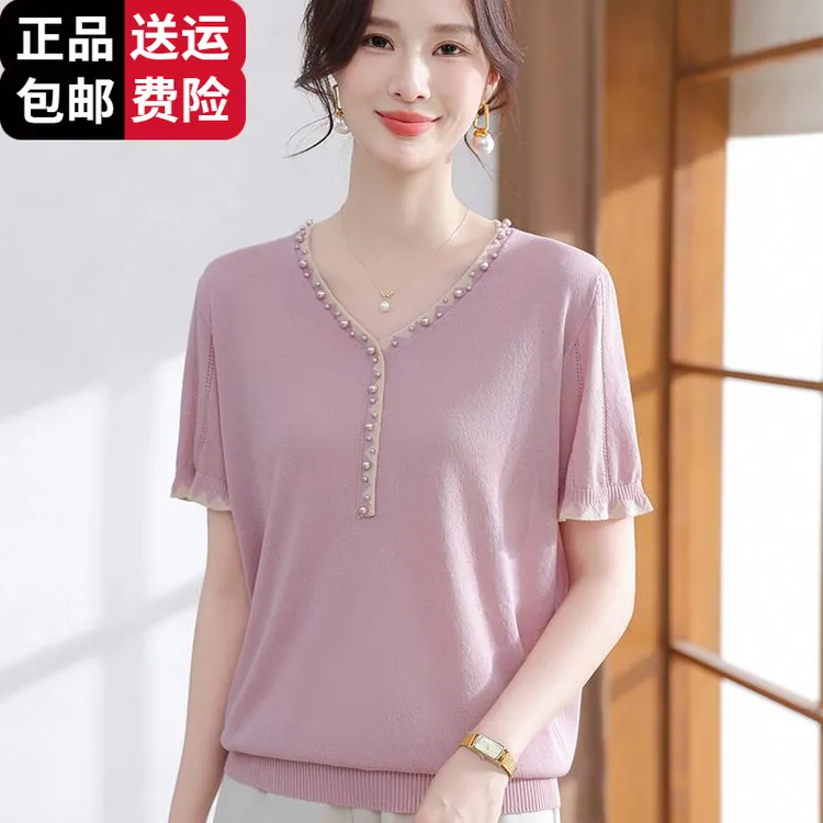 恒源祥彩羊2025夏季新款桑蚕丝软针织短袖T恤衫洋气质中老年人妈
