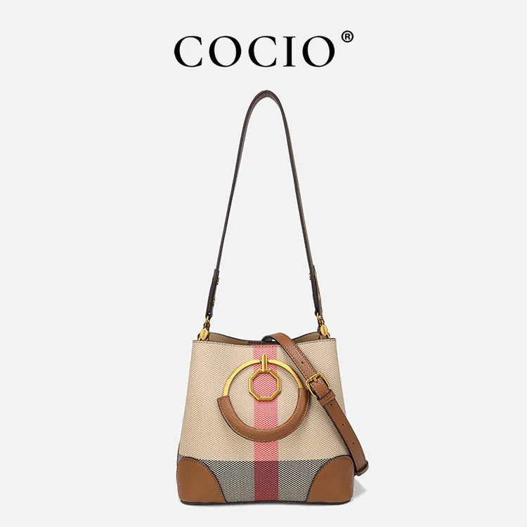 COCIO品牌正品格子百搭水桶包单肩斜挎包CC066