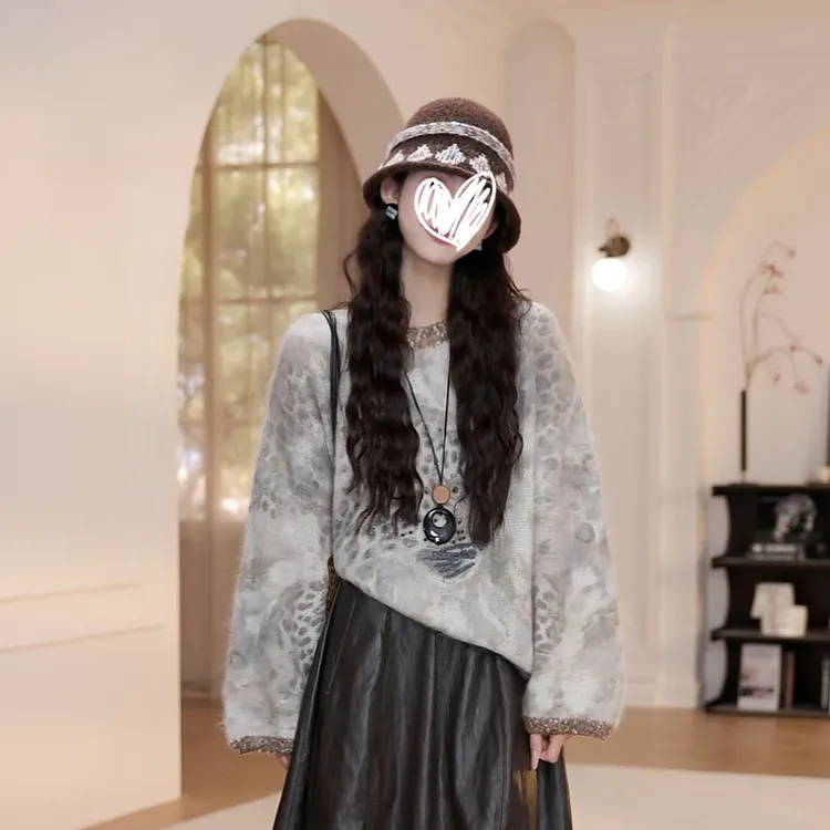 爆款熟了 法式氛围感百搭显瘦豹纹针织衫女重工亮片钉珠印花毛衣