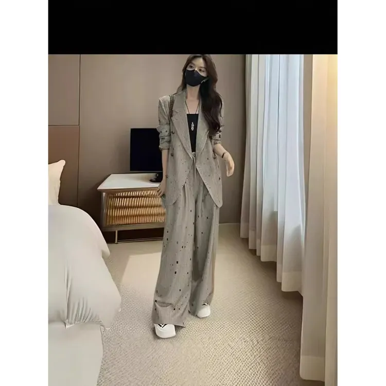 2701秋季新款大码女装设计感西装套装胖mm外套阔腿裤两件套胖妹妹