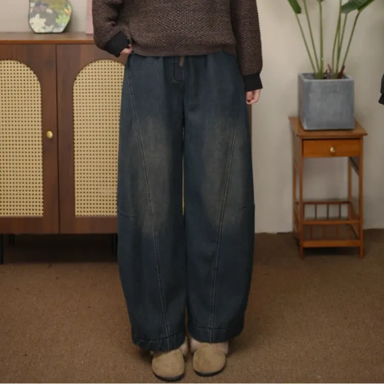 冬季新款宽松显瘦百搭松紧腰休闲大码弯刀裤加绒加厚牛仔裤221