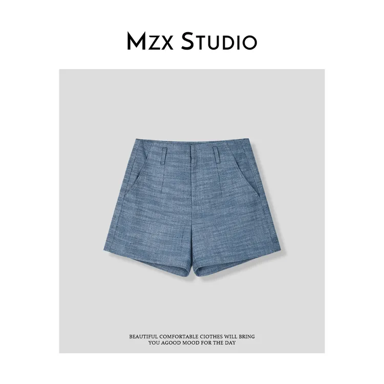MZX夏季亚麻棉休闲设计松弛感百搭牛仔色短裤高腰KZ8505-A