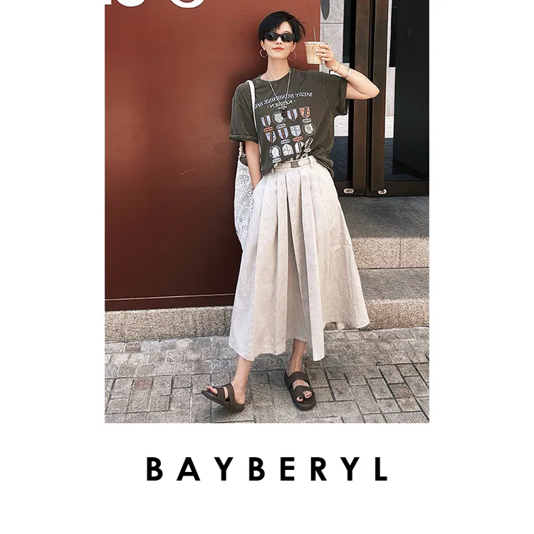 BAYBERYL老贝B*C腰带百褶亚麻时尚百搭透气夏半身裙YQ5C2202