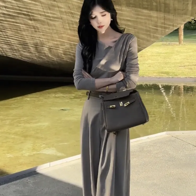 2025新款设计感长袖女修身显瘦上衣高腰宽松阔腿休闲百搭长裤
