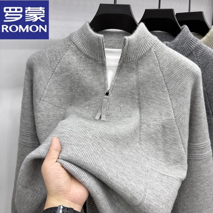 罗蒙男士秋冬季半高拉链针织毛衣复古提花针织衫百搭休闲毛衣男装