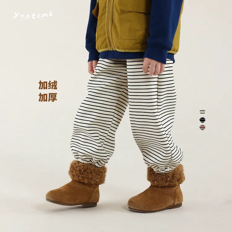 宝宝冬季新款加绒条纹束口运动裤允儿妈女童秋冬加厚卫裤休闲裤潮