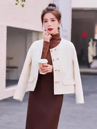 时尚法式小香风双面羊呢大衣短款女25秋冬新款圆领J88022