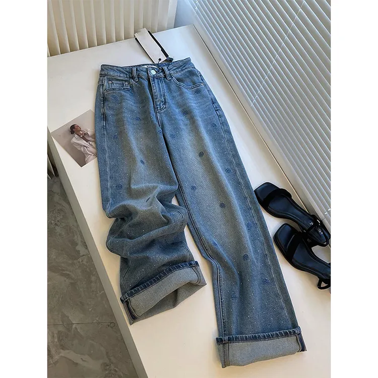 大码美式复古蓝色玫瑰刺绣烫钻牛仔裤夏季高腰重工水洗显瘦直筒裤