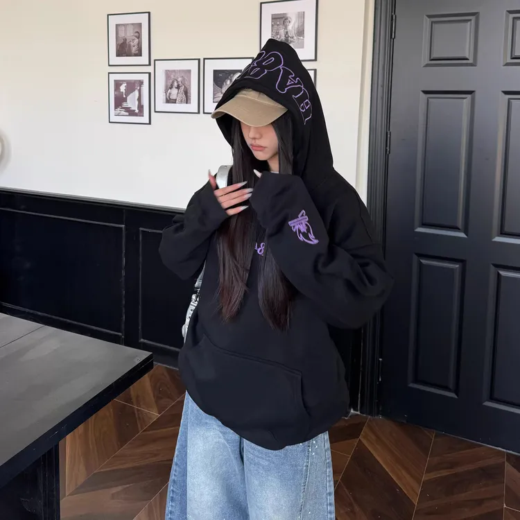 小火苗字母刺绣加绒连帽卫衣男女同款美式街头新款情侣帽衫上衣服