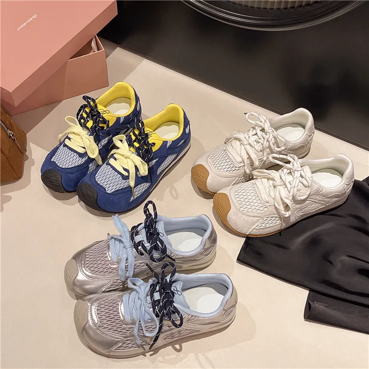 休闲运动板鞋女2025新款夏季小个子厚底透气阿甘鞋复古网面德训鞋