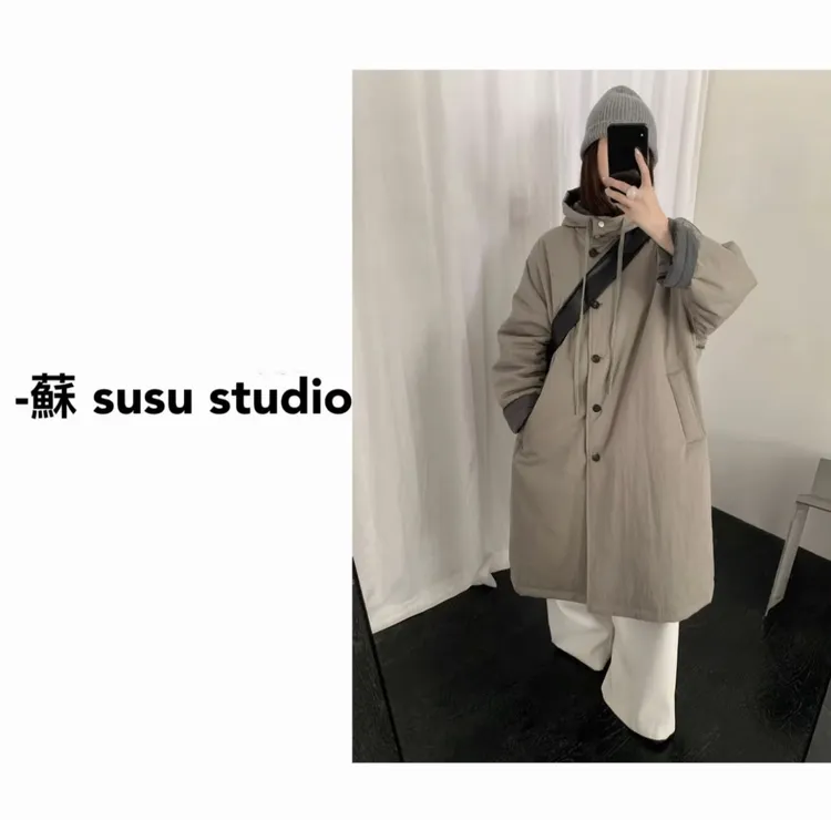 MM洋气纯色百搭连帽长款风衣夹棉棉服外套