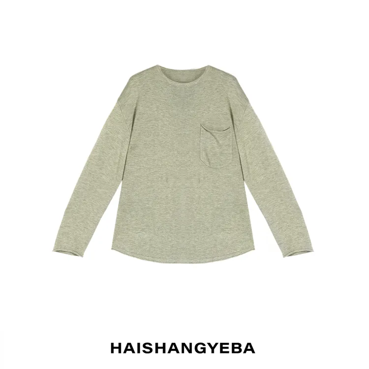 【海上叶爸】新款2025秋冬百搭羊毛圆领宽松单口袋简约通勤毛衣