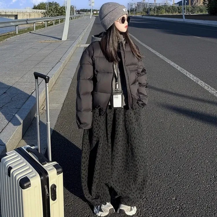 女童豹纹加绒裤子冬款2025新款中大童冬季一体绒时髦加厚弯刀裤潮