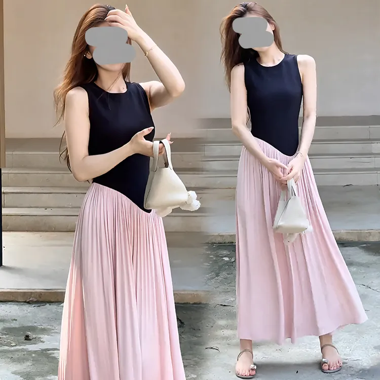 2025巨好看的黑粉撞色假两件拼接背心连衣裙女夏独特漂亮掐腰裙子