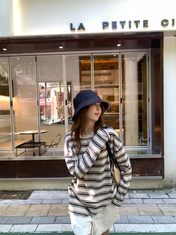 美式复古撞色条纹长袖T恤女装早秋休闲宽松显瘦百搭上衣