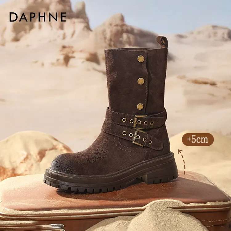 达芙妮网红爆款巴恩风西部牛仔靴女秋季爆款厚底增高中筒骑士靴女