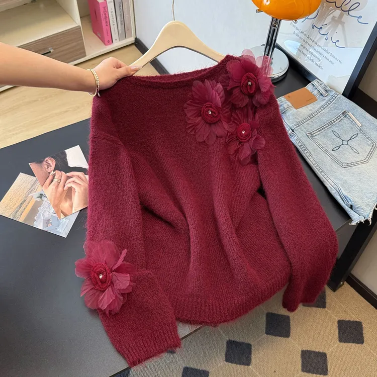 红色立体花朵毛衣针织衫冬季2025新款大码女装高级感胖mm时尚上衣