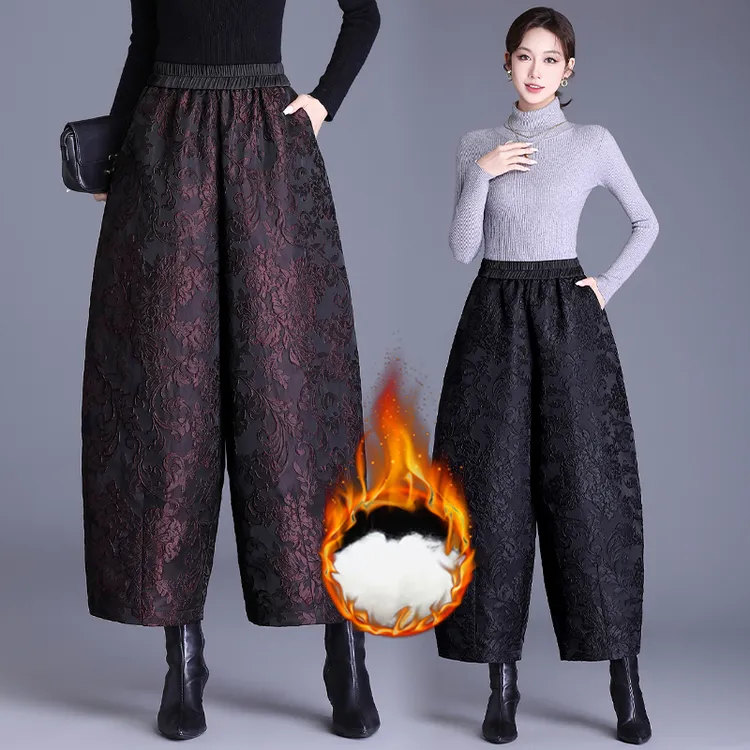 提花阔腿裤女裤子秋冬新款国风萝卜夹棉裤妈妈宽松哈伦花苞九分裤