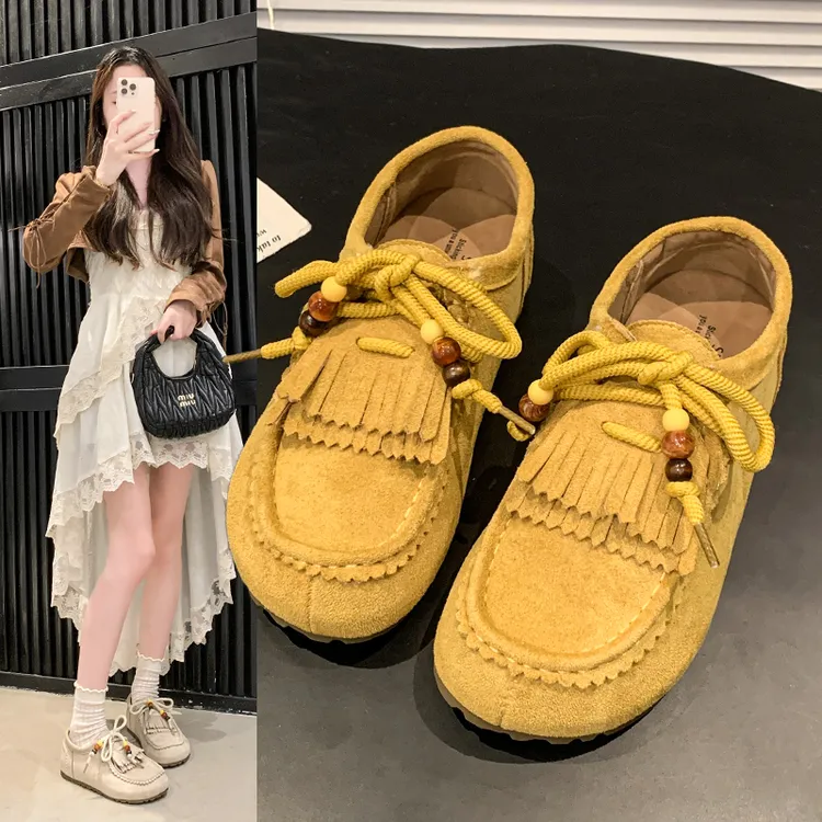 流苏内增高勃肯鞋女2025年新款复古百搭软底休闲袋鼠鞋平底乐福鞋