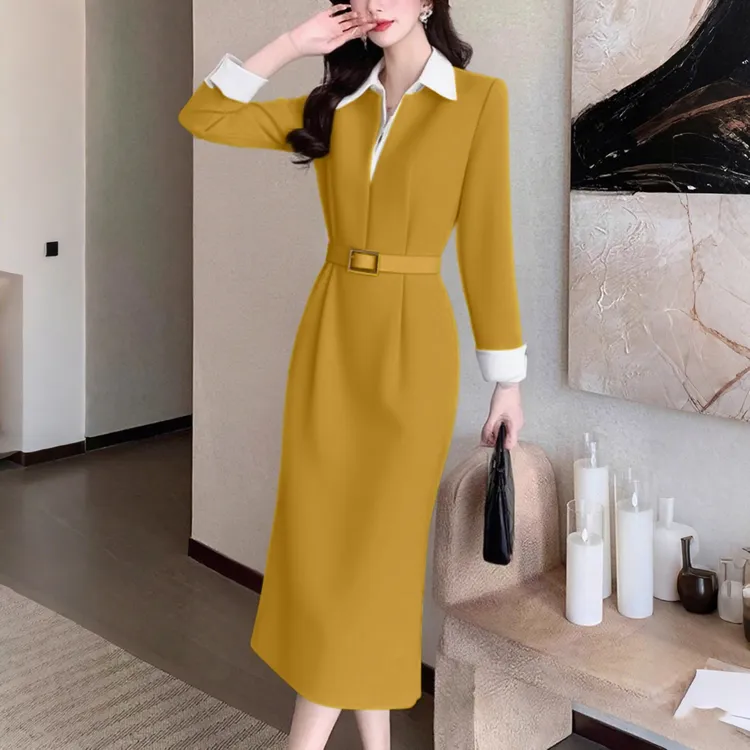 【送腰带】2025春季新款时尚通勤设计感撞色衬衫领西装裙D0500