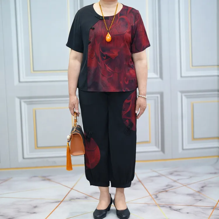 大码妈妈装套装女2024夏季新款圆领花色中老年国风盘扣两件套宽松