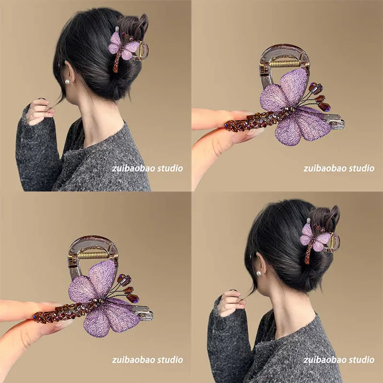 沦陷蝴蝶~气质复古风刺绣蝴蝶抓夹女中号后脑勺半扎发鲨鱼夹发饰