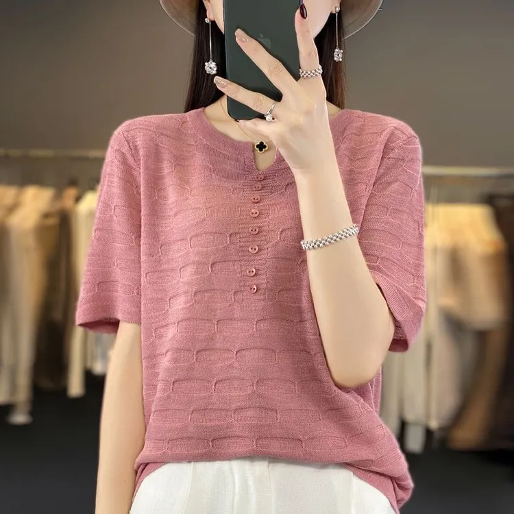 2025夏季新款竹冰爽丝短袖T恤女V领时尚减龄百搭宽松针织衫上衣