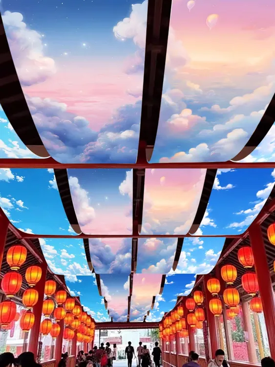 简约蓝天白云天幕吊顶挂布氛围感装饰布长条背景布餐厅天花板挂布