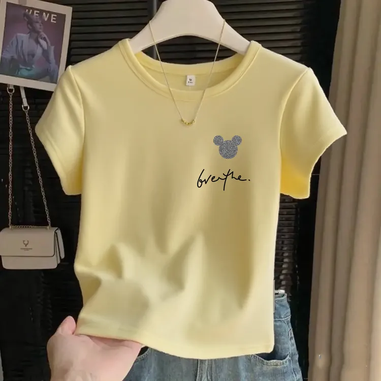 淡黄色正肩短袖t恤女夏季修身弹力体恤衫多巴胺穿搭纯色上衣芒果