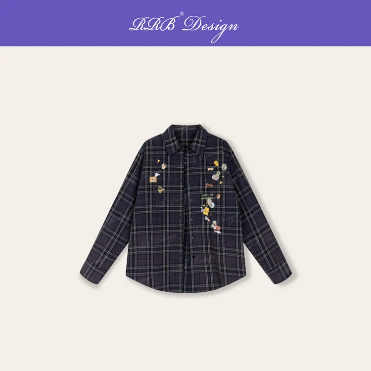 RRB Design「学院派」100%棉怀旧洗水趣味印花减龄格纹长袖衬衣