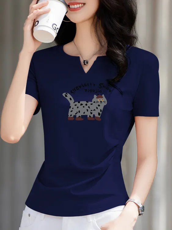 T恤女短袖上衣夏季蓝色百搭显瘦修身小众2025爆款洋气休闲V领欧货