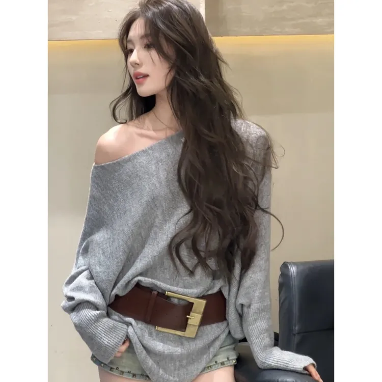 MARIE.COCO慵懒风一字肩设计感针织毛衣女春季宽松休闲气质上衣潮